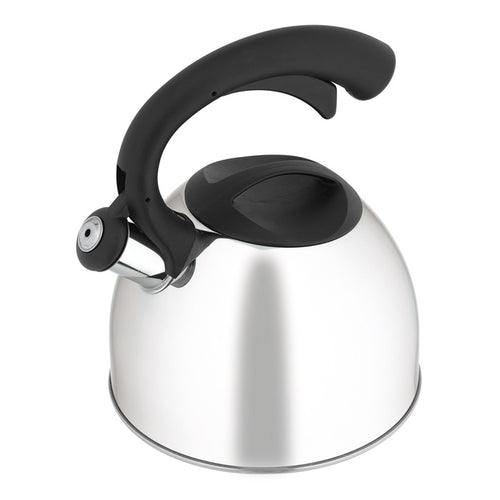 Stainless steel Asola Whistling Kettle with a 2.5 liter capacity and a classic design. The kettle has a heat-resistant handle, a flat base for stability, and a removable lid. It features a whistling function that alerts when the water has boiled. The kettle is suitable for gas, electric, and ceramic cooktops.