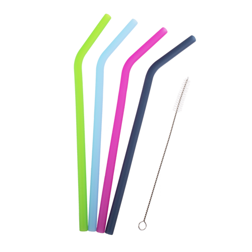 Appetito Bent Silicone Drinking Straws - Set of 4 Plus Cleaning Brush