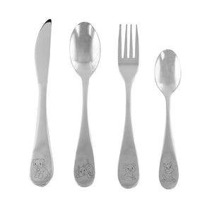 4-piece Puppy Collection Children's Cutlery Set, including a fork, knife, spoon, and dessert spoon with cute puppy motifs on each handle