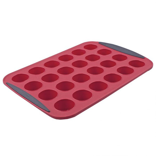 Silicone 24 Cup Mini Muffin Pan, a durable and non-stick pan perfect for making bite-sized muffins, cupcakes, and more. The pan features 24 cups and is made from high-quality silicone material. Easy to use and clean, this muffin pan is a must-have for any baker.