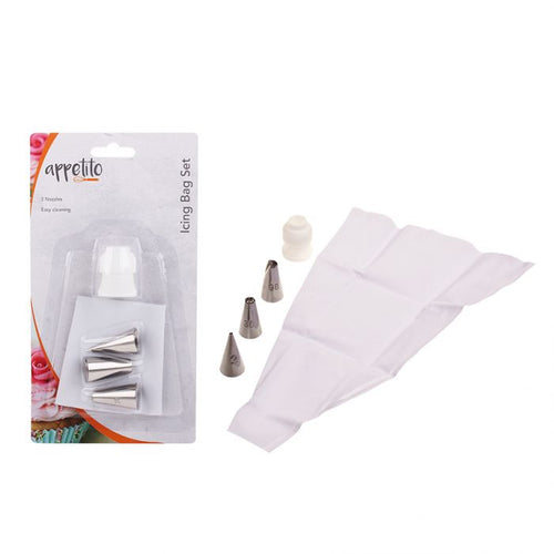The Appetito 5 Piece Icing Set, a comprehensive set of cake decorating tools that includes 3 piping nozzles, bag, and coupler. Perfect for creating a wide range of designs.