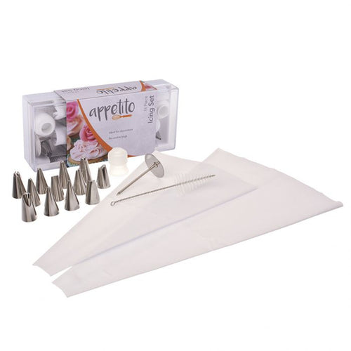 The Appetito 18 Piece Icing Set, a comprehensive set of cake decorating tools that includes a variety of piping nozzles, bags, and couplers. Perfect for creating a wide range of designs. The set comes in a compact case for easy storage and organisation