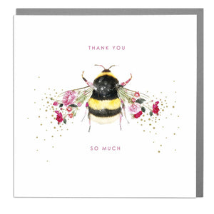 A greeting card featuring intricate illustrations of flowers, leaves, and insects in shades of green, pink, and blue. The words 'Thank You Lots and Lots' are written in gold foil in the center of the card