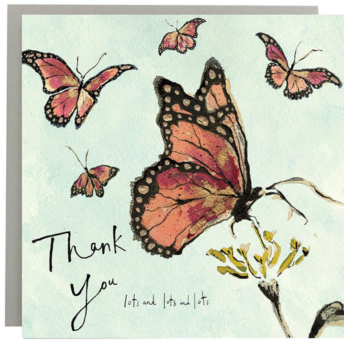 A greeting card featuring intricate illustrations of flowers, leaves, and insects in shades of green, pink, and blue. The words 'Thank You Lots and Lots' are written in the center of the card
