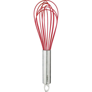 Balloon whisk in vibrant red color, measuring 30.5cm in length, with flexible wires and comfortable grip for easy mixing and blending. Made of durable stainless steel