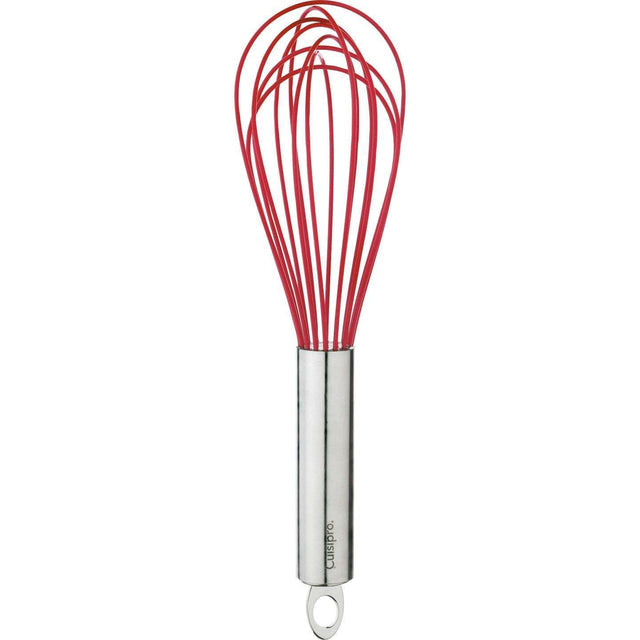 Balloon whisk in vibrant red color, measuring 30.5cm in length, with flexible wires and comfortable grip for easy mixing and blending. Made of durable stainless steel