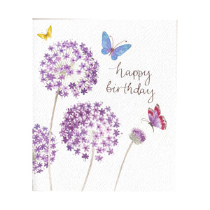 a beautifully illustrated birthday card featuring flowers and buterflies