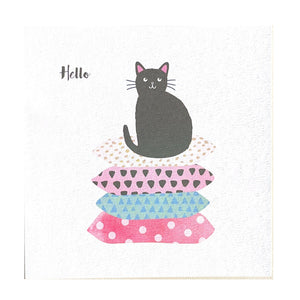 An adorable notecard features a cute illustration of a cat with the greeting "Hello" in bold letters.