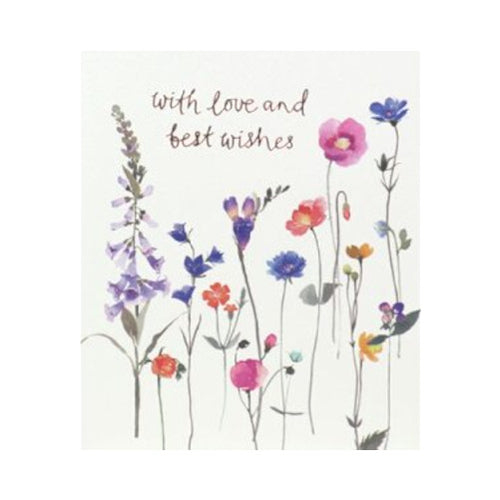 Delphine Field of Flowers Birthday Card featuring a vibrant and colorful design of blooming flowers against a white background with the words 'Happy Birthday' in elegant font